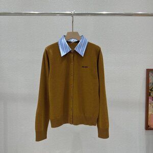 NWT Miu Miu Brown Wool Cardigan with Blue Striped Collar Logo Sz M